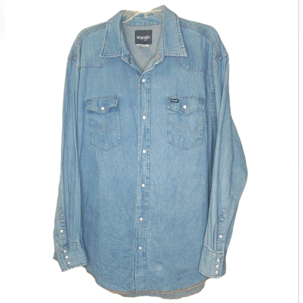 Wrangler Vtg Denim Pearl Snap Shirt Men 2X Tall Rockabilly Western Cowboy Biker